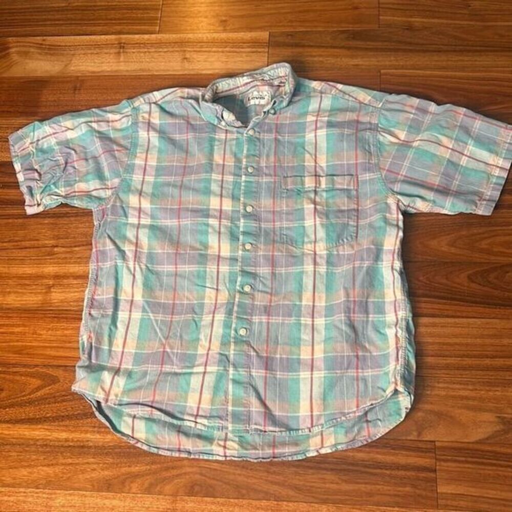 LEVIS authentic madras pastel plaid button up‎ shirt short sleeve casual eastern